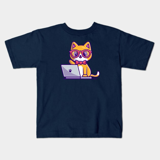 Cute Cat Working On Laptop Cartoon Kids T-Shirt by Catalyst Labs